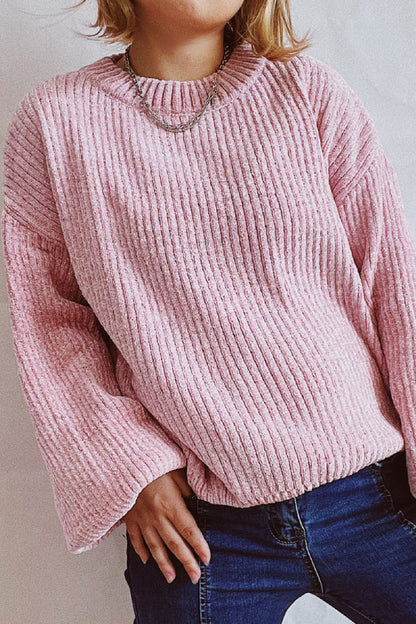 Solid Color Casual Round Neck Lantern Sleeve Short Knitted Sweater