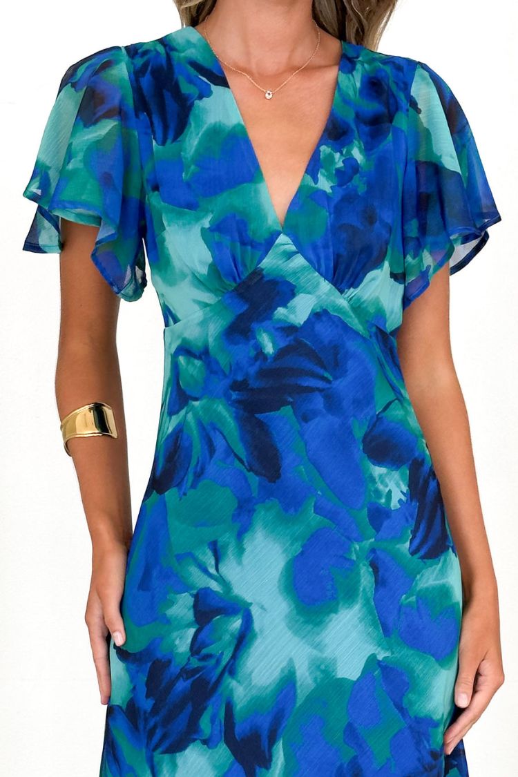 Abstract Print Short Sleeve Belted Wrap Midi Dress