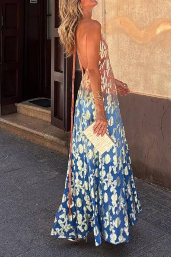 Vestido largo Bianca con cuello halter, corte A y estampado floral dorado degradado con efecto tie-dye