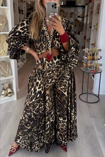 Gold Foil Leopard Print Balloon Sleeve Twist Top and High Rise Elastic Waist Oversized Flare Pants Set
