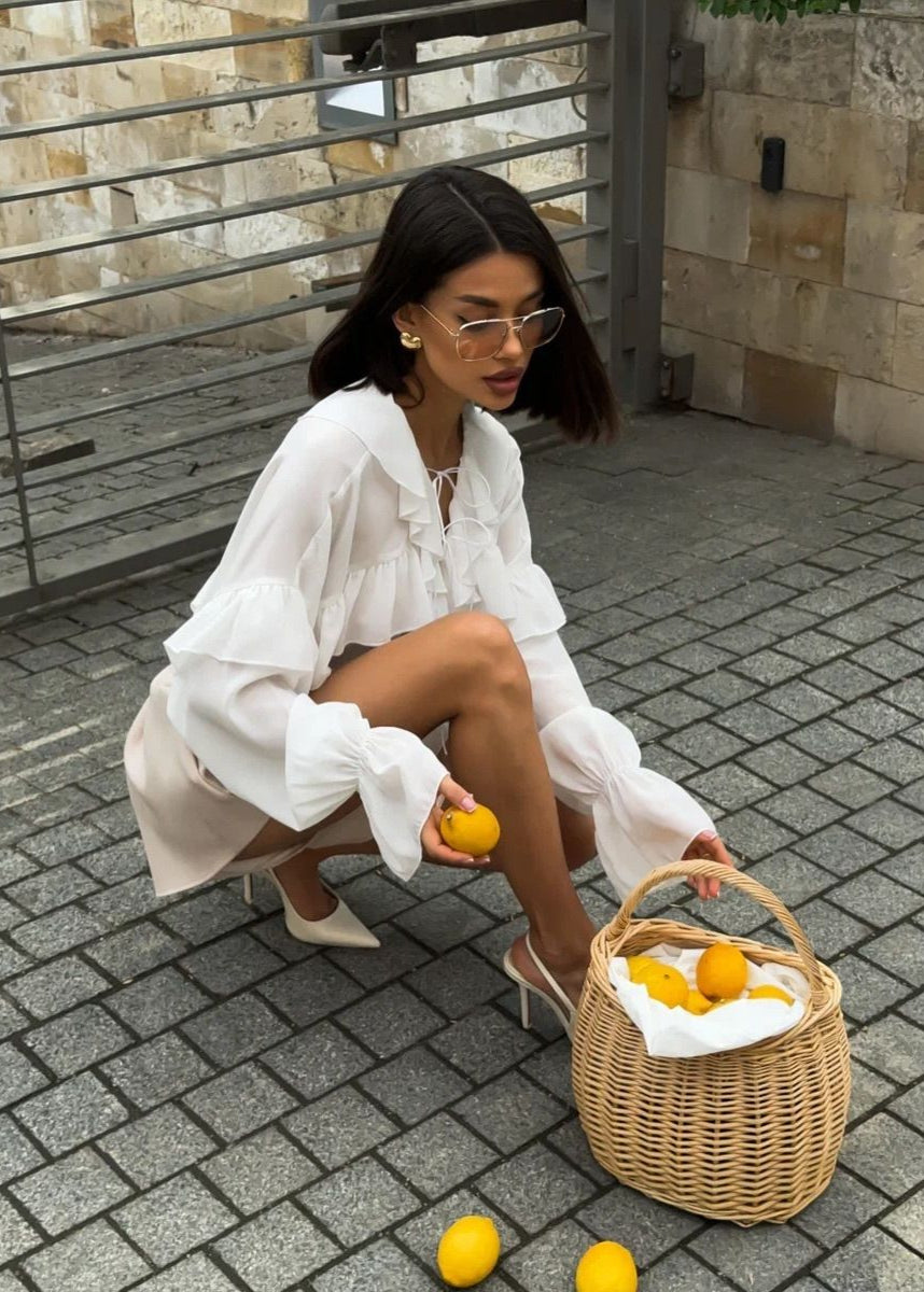 Isara - Ruffled Chiffon Blouse with Lace-Up Neckline