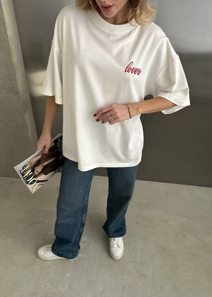 Lover Script Oversized Tee – White Statement Cotton T-Shirt