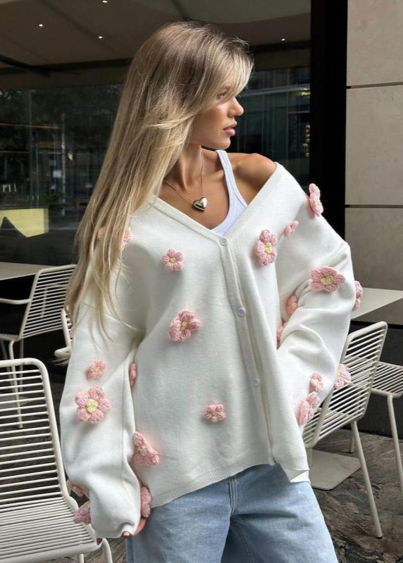Blush Bloom - 3D Floral Knit Cardigan with V-Neck