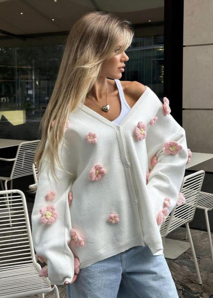 Blush Bloom - 3D Floral Knit Cardigan with V-Neck