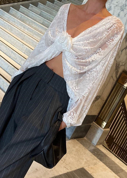 Celestia - Sheer Lace Cropped Blouse with Floral Front Tie