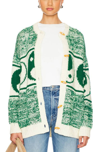 Opposites Attract Knit Yin-yangs Print Crewneck Oversized Cardigan
