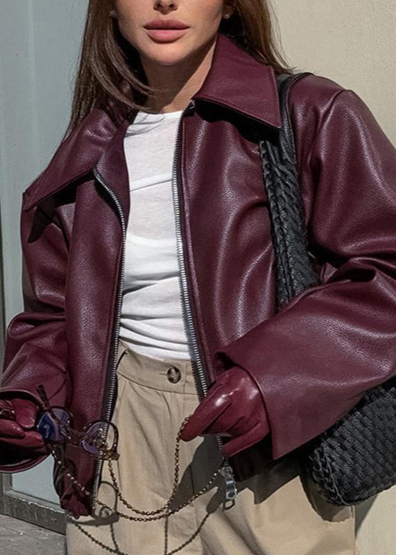 Burgundy Faux Leather Zip-Up Jacket - Effortless Edge