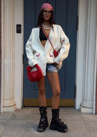 Oversized Dachshund Embroidered Cardigan – Casual Knit Sweater