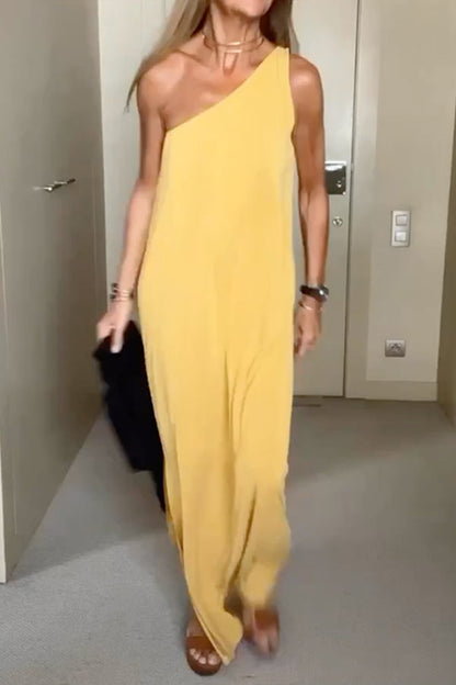 Vestidos largos asimétricos de un solo hombro sin mangas de color sólido