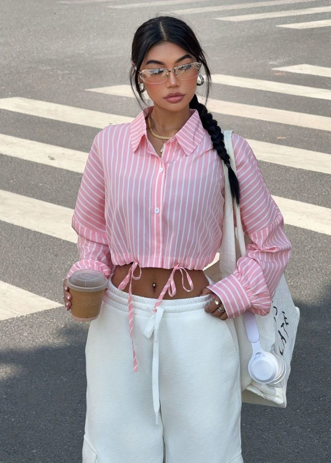 Savina - Striped Button-Up Drawstring Crop Shirt