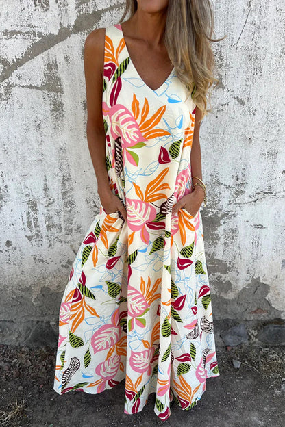 Vestido largo informal holgado con cuello en V y bolsillos y estampado botánico