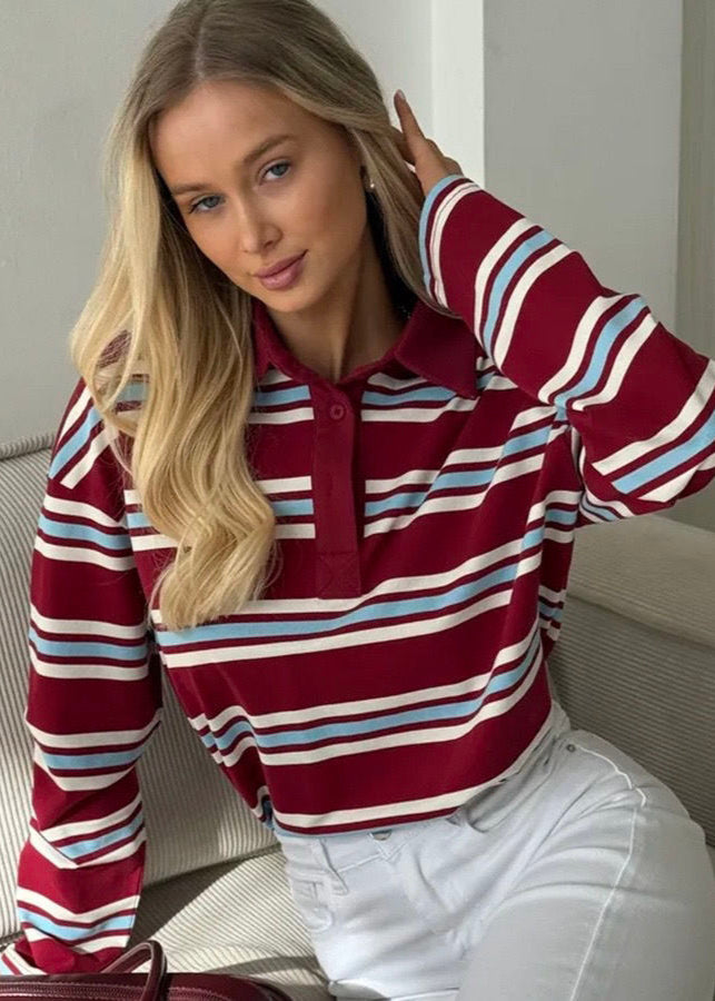 Striped Cotton Polo Long Sleeve Top - Casual Loose Fit