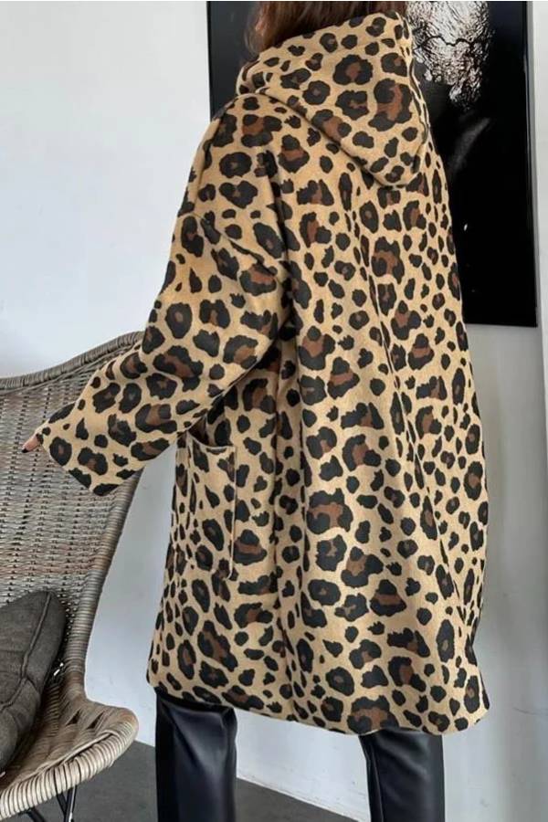 Fall Dreaming Animal Print Zipper Pocket Loose Hooded Midi Coat