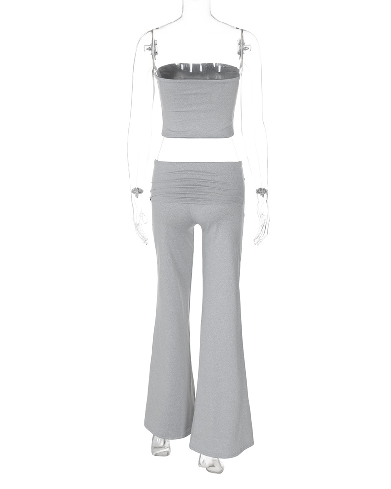 Pure Color Accent Bell-Bottoms Slimming Suit