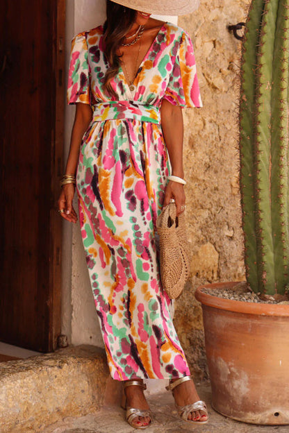 Vestido largo bohemio con cuello en V y estampado tie-dye