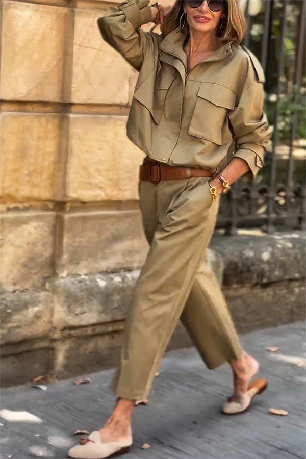 Classic Charm Strap Details Pocketed Cargo Style Zipper Loose Jacket