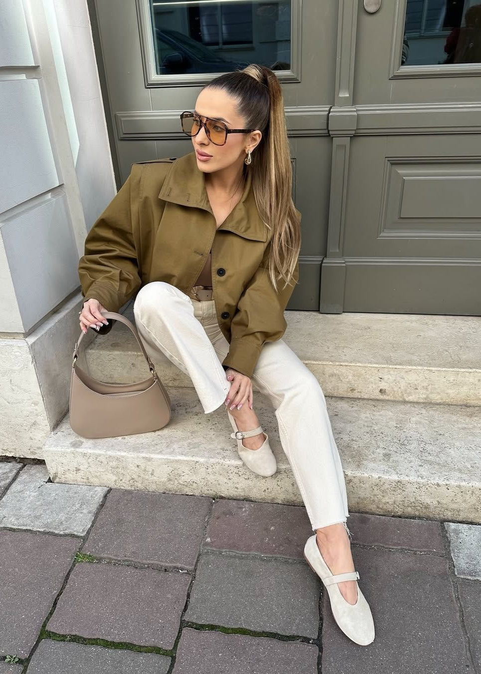 Cropped Button-Up Jacket with Epaulettes – Khaki