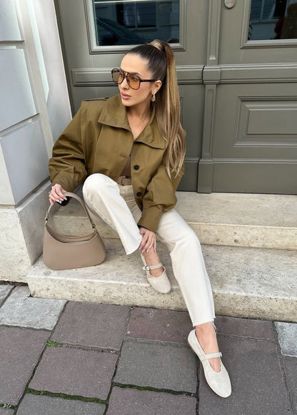 Cropped Button-Up Jacket with Epaulettes – Khaki