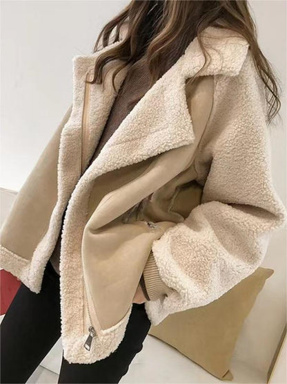 Classic Oversize Vegan Fur Suede Jacket with Lapel Collar