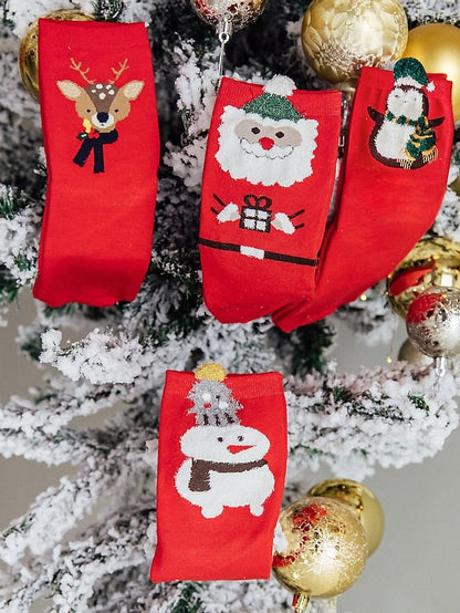 Crew Socks Party Christmas Gift Animal Multi Color Spandex Nylon Cotton Basic Casual Warm Cute 4 Pairs for Women