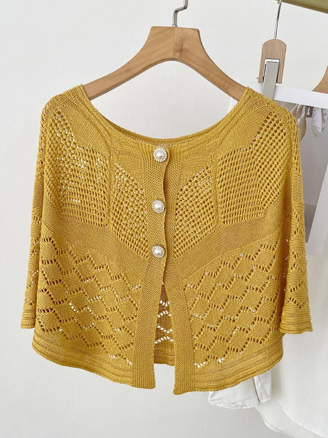 Solid Color Knitted Hollow Shawl Summer Air-conditioned Elegant Vest with Pearl Button Cape Sunscreen Fake Collar for Women