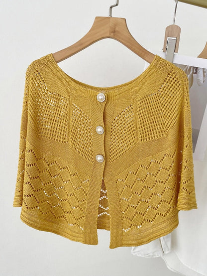 Solid Color Knitted Hollow Shawl Summer Air-conditioned Elegant Vest with Pearl Button Cape Sunscreen Fake Collar for Women