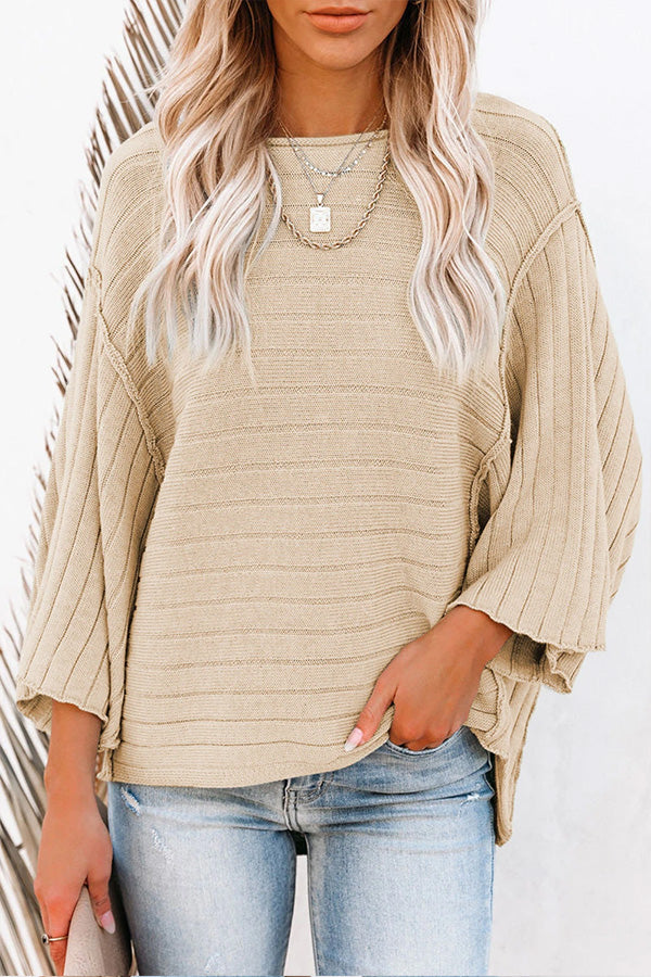 Apricot Solid Color Ribbed Knit 3\/4 Sleeve Pullover Sweater