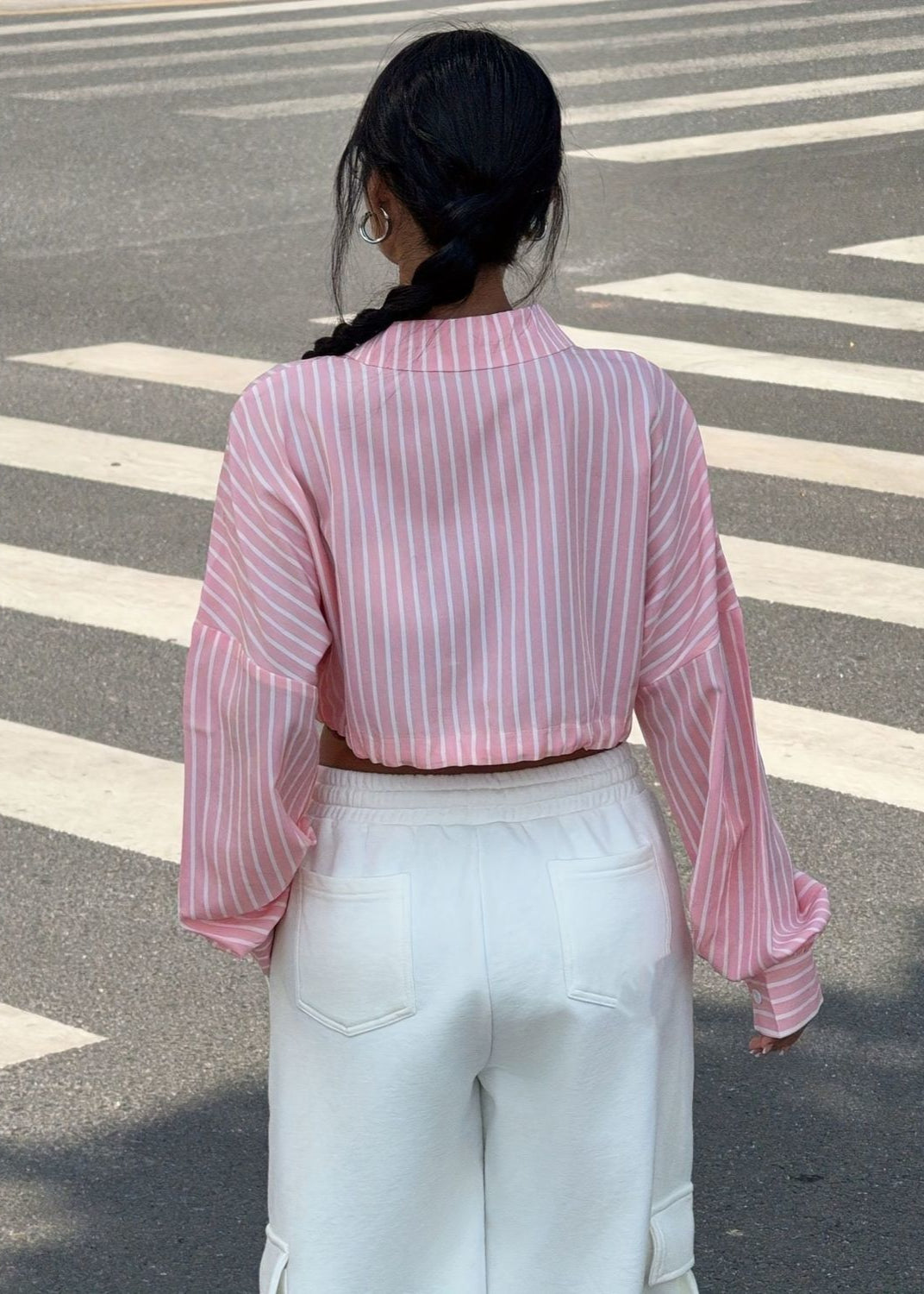 Savina - Striped Button-Up Drawstring Crop Shirt