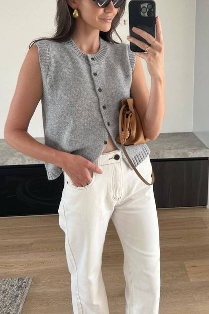 Casual Street Solid Color Buckle O Neck Tops