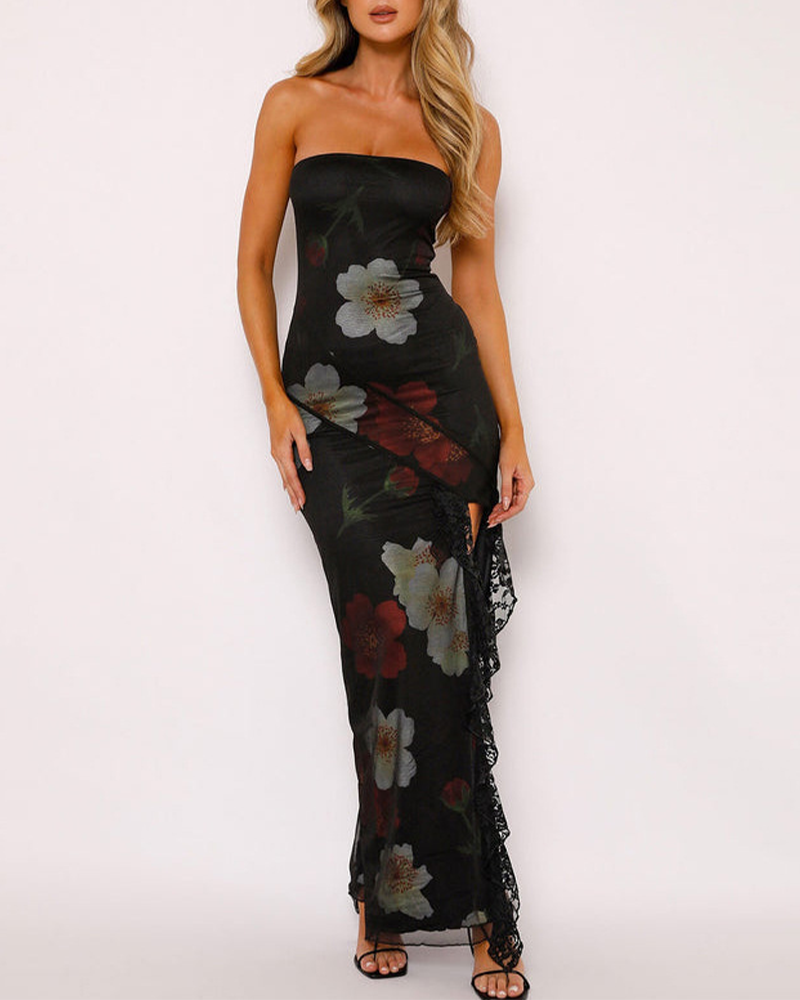 Printed Lace Panelled Bandeau Dress