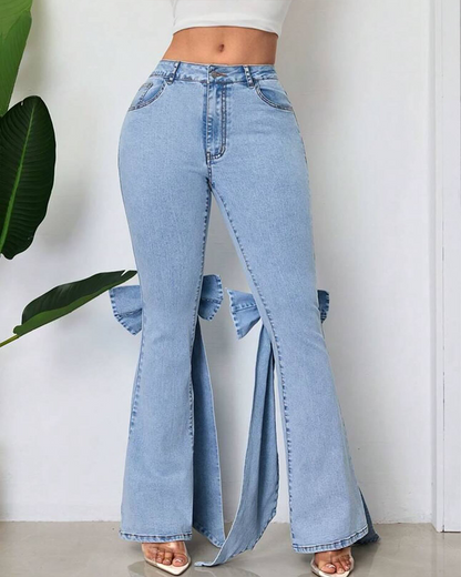 High-Waisted Bow-Embellished Flared Jeans