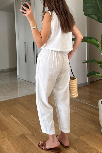 Conjunto informal de dos piezas de chaleco y pantalón de lino y algodón con solapa lisa