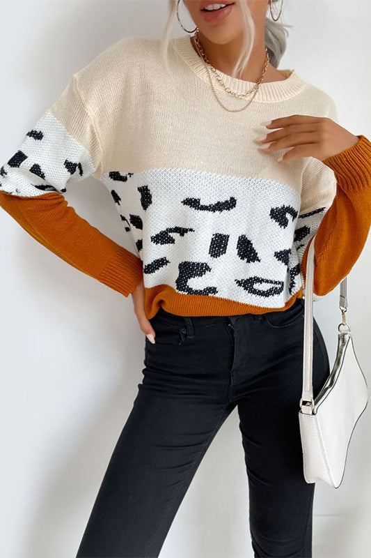 Contrast Leopard Pattern Knit Sweater