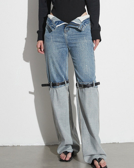 High-Rise Contrast Turn-up Straight-Leg Hybrid Jeans