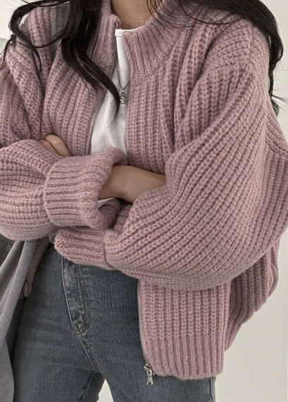 Cozy Zip-Up Chunky Knit Cardigan - Oversized Ribbed Sweater Jacket