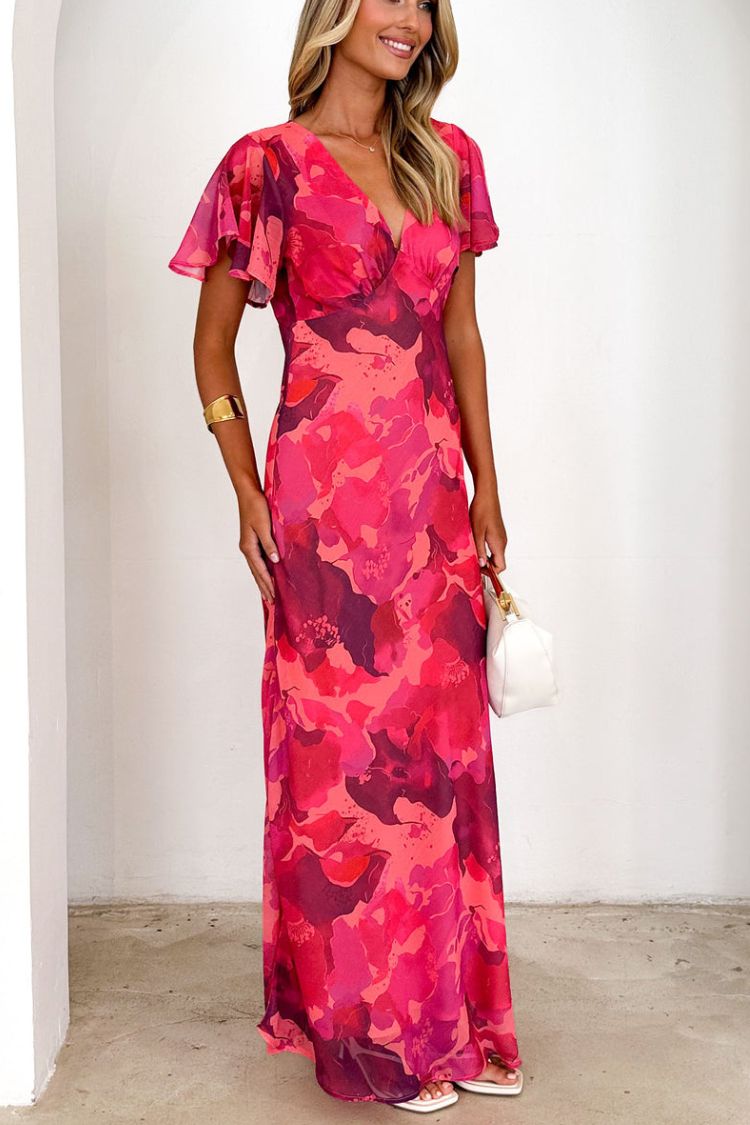 Abstract Print Short Sleeve Belted Wrap Midi Dress