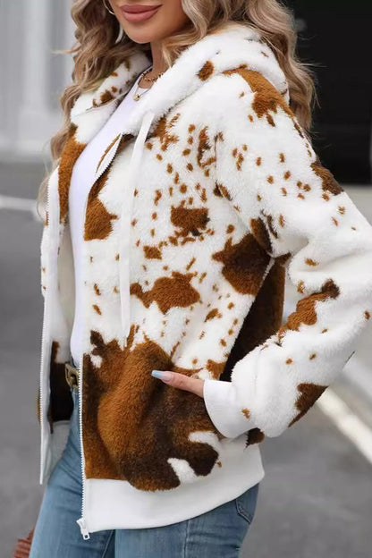 Plush Hooded Fleece Zippered Printed Coat