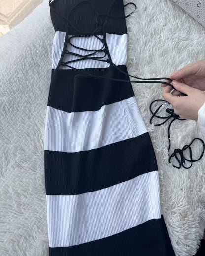 Striped Sexy Backpack Hip Jumpsuit Bodycon Dress（Flash Sale）