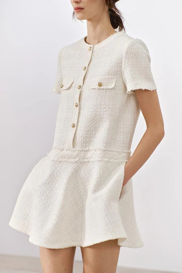 Vestido mini de tweed con textura de London Girl, manga corta, botones dorados y bolsillos, años 60