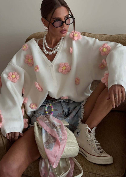 Blush Bloom - 3D Floral Knit Cardigan with V-Neck