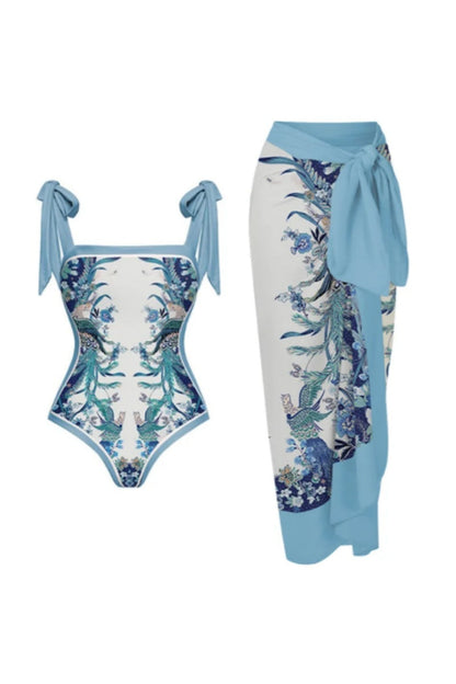 Flaxmaker Blue Reversible Bow Tie Shoulder One-Piece Swimsuit Set