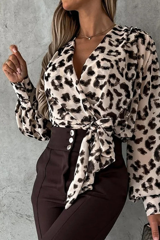 V-Neck Leopard Print Patchwork Blouse