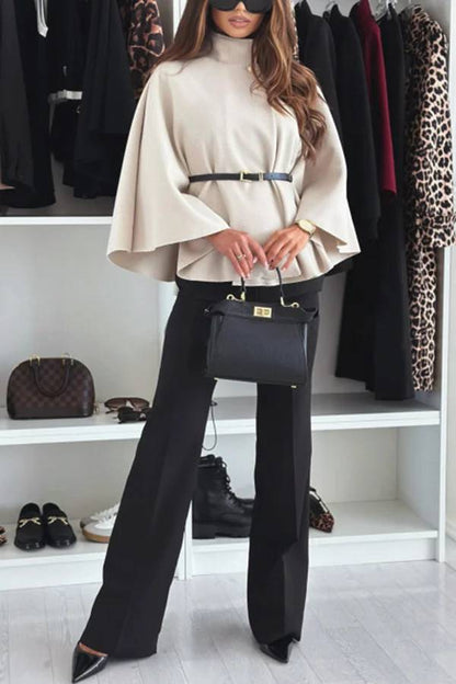 Capa extragrande de lana con cuello alto y botones y cinturón Elegant Moment