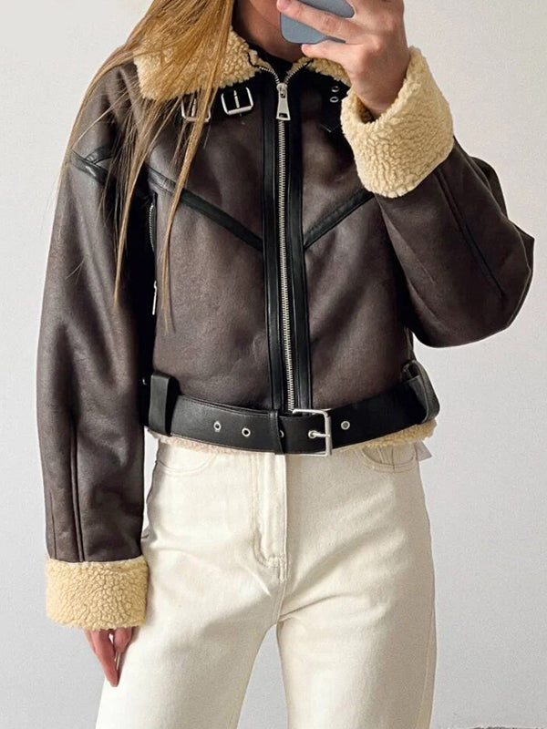 Classic Brown Lambswool Lined Leather Splice Short Jacket