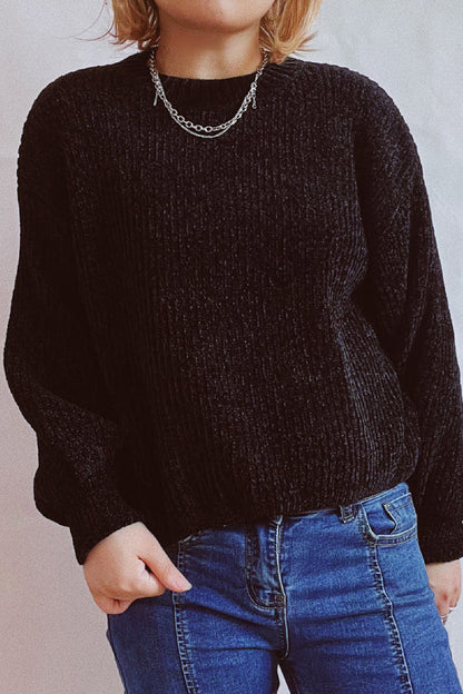 Solid Color Casual Round Neck Lantern Sleeve Short Knitted Sweater