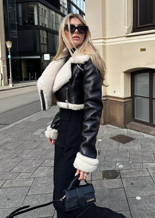 Luxe Sherpa Trim Leather Jacket - Short ZippeRed Style