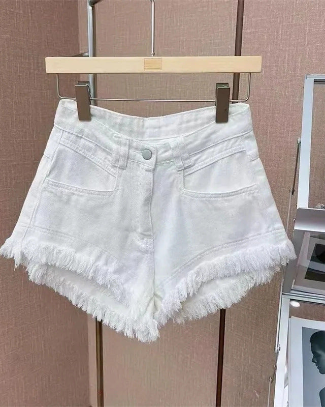 Solid Color Fringed Denim Shorts