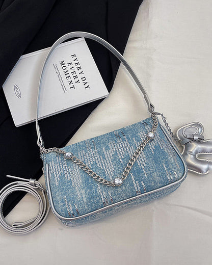 Sequined Denim Handle Underarm Shoulder Bag