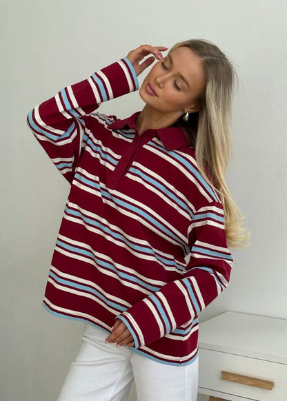 Striped Cotton Polo Long Sleeve Top - Casual Loose Fit