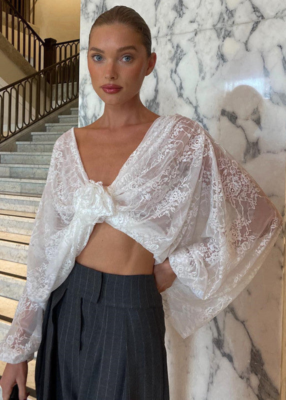 Celestia - Sheer Lace Cropped Blouse with Floral Front Tie